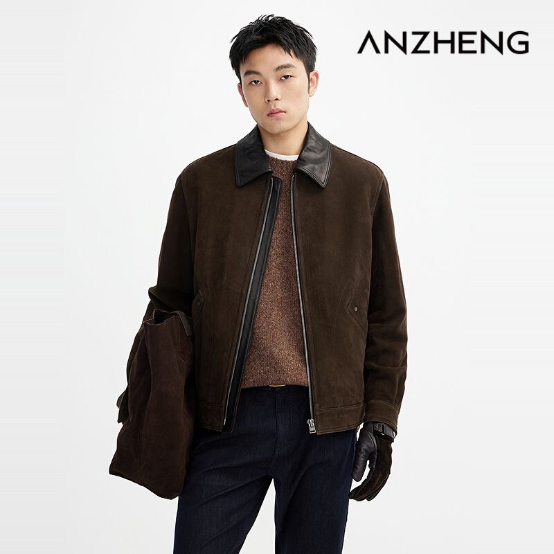 American Retro Old Money Style Autumn and Winter Haining Genuine Leather Men's Suede Goat Leather Jacket Trendy Casual Coat