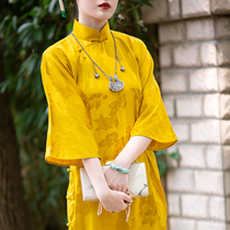 Golden powder Shijia Spring and Autumn Chinese style Republic of China style retro big sleeve old satin one city wind Catkins without province cheongsam