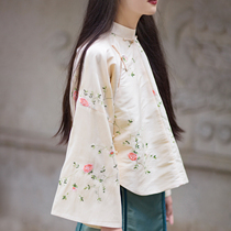 Imitation Tess small flower embroidery inverted big sleeve top clearance special Chinese retro loose one city wind wool short