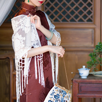 Real Silk White Streaming Su Shawl -- Heavy work embroidered lace pure mulberry silk scarves 100 hitch cheongsam accessories for womens coats