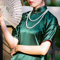 Golden Jade Full Tang -- Spring Summer Festival Acetate Satin Republic Wind Comeback and Ancient Collar Pan Buttoned full-open Qipao Gown Dress Elegance