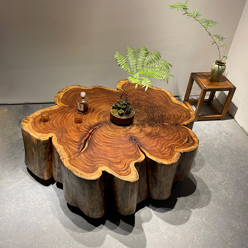 Walnut ebony okan floor coffee table, stump log tea table, tea table, designer homestay, style hollow slab