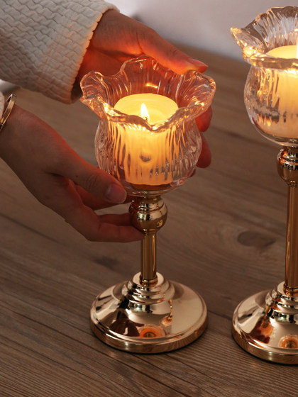 北欧轻奢金属水晶玻璃蜡烛台高脚欧式浪漫烛光晚餐桌装饰家居摆件
