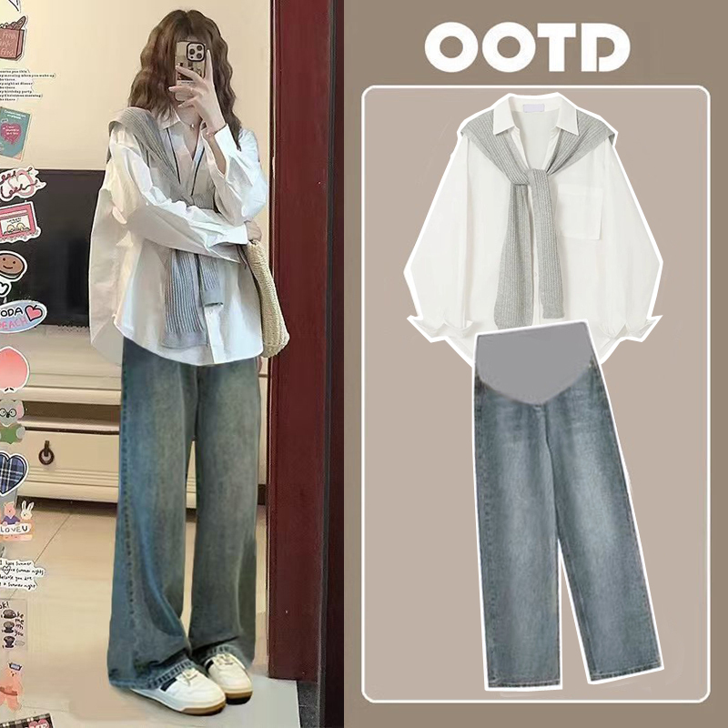 Pregnant Women's Early Spring and Autumn Outfit 2026 New French Casual High-End Style Maternity Wear Shirt and Top Two-Piece Set