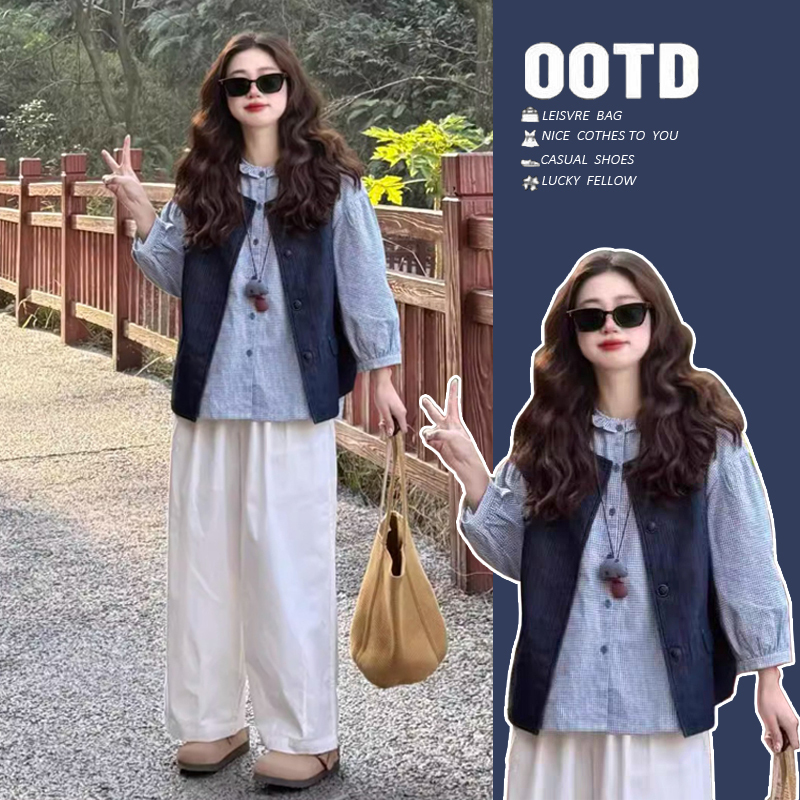 Maternity Wear Spring and Autumn Set 2025 New Japanese Retro High-End Plaid Shirt Layered with Vest Two-Piece Set