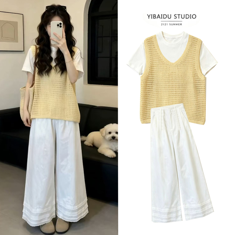 Maternity Summer Outfit 2026 New Korean Style Yellow Vest T-Shirt Top Loose Wide-Leg Pants Two-Piece Set Maternity Summer Outfit 2026 New Korean Style Yellow Vest T-Shirt Top Loose Wide-Leg Pants Two-Piece Set