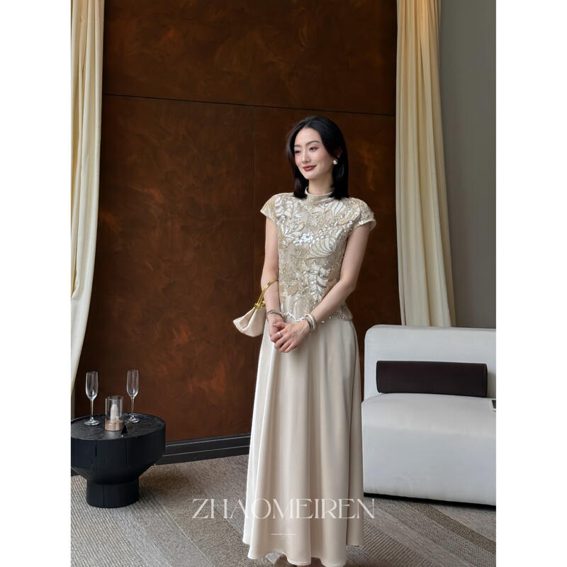 Meiren【Jinse Nianhua】New Chinese-Style Light Luxury Heavy Beading and Sequin Patchwork Satin Long Dress