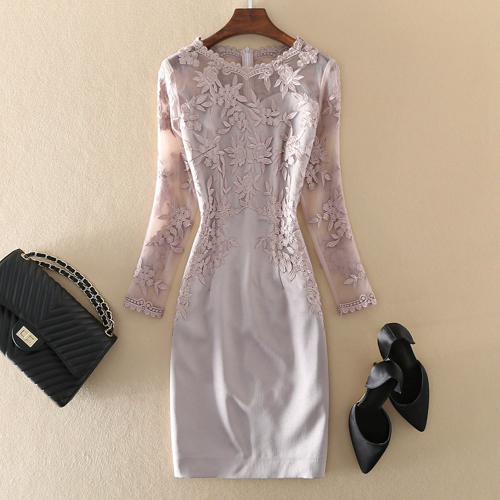 Váy thêu giữa chiều dài mùa thu 2019 mới cao cấp Âu Mỹ cỡ lớn váy đầm nữ boutique thon gọn - váy đầm