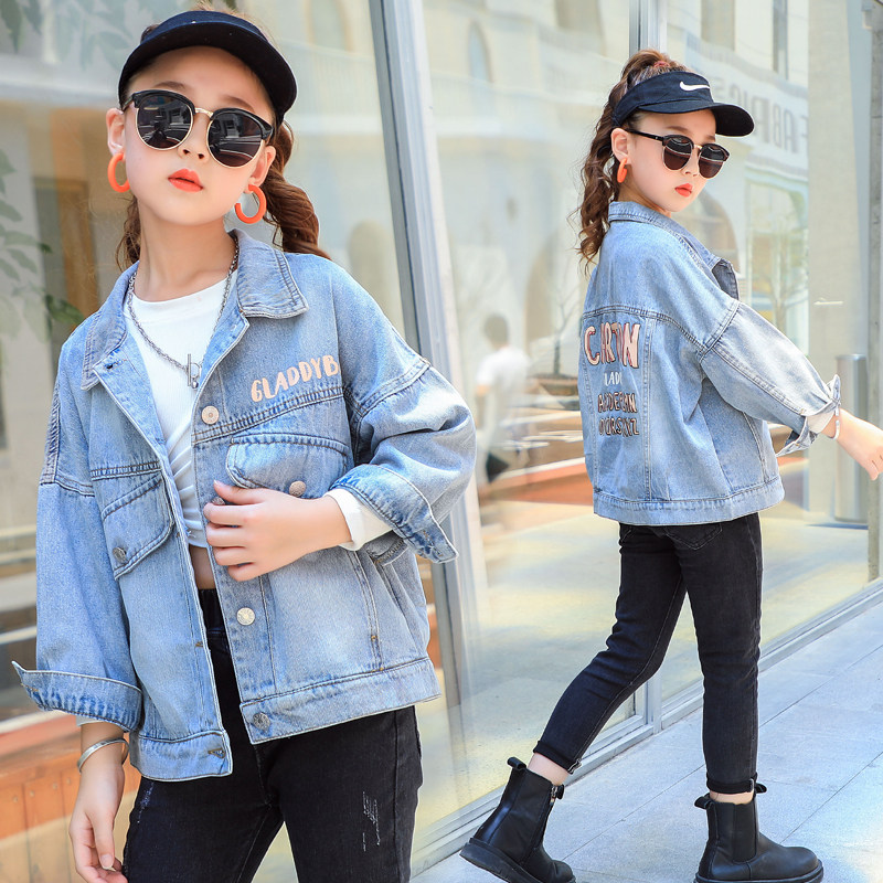 Girl Coats Spring Autumn Clothes Clothes Children Dress Foreign Style Fashion 100 Hitch Children Short a CUHK Girl Han version Cowboy blouse