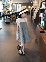 Girl Summer Dress Plaid Vest Dress 2022 New Splicing Lace Pure Cotton One-piece Dress Doll Skirt Child Sleeveless Dress