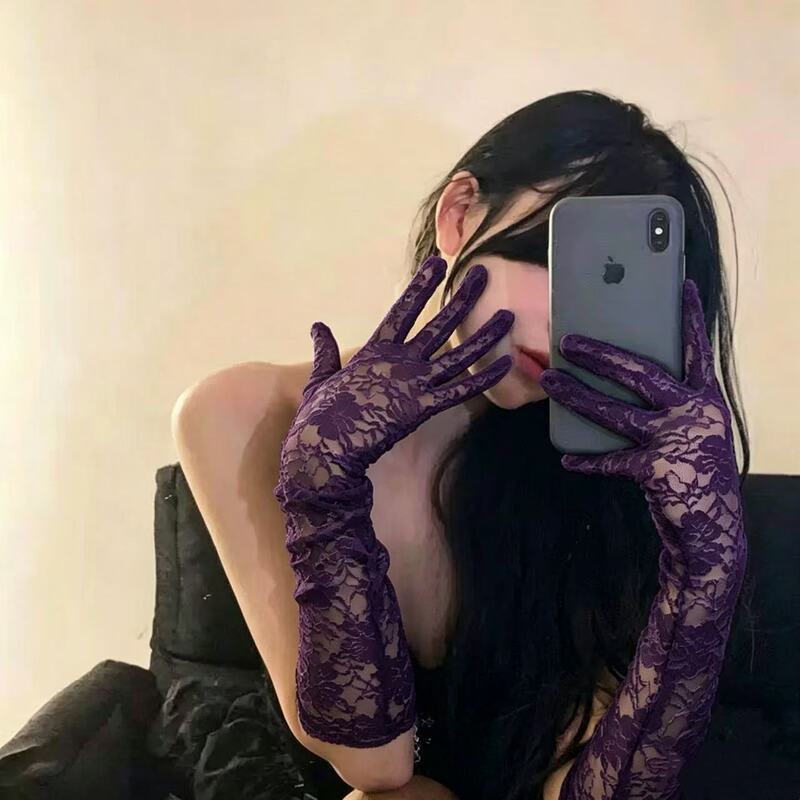 Purple Mood Long Lace Gloves for Female Group Dancing, Retro Mesh Black and White Lace Gloves, Sexy Photo Props Purple Mood Long Lace Gloves for Female Group Dancing, Retro Mesh Black and White Lace Gloves, Sexy Photo Props