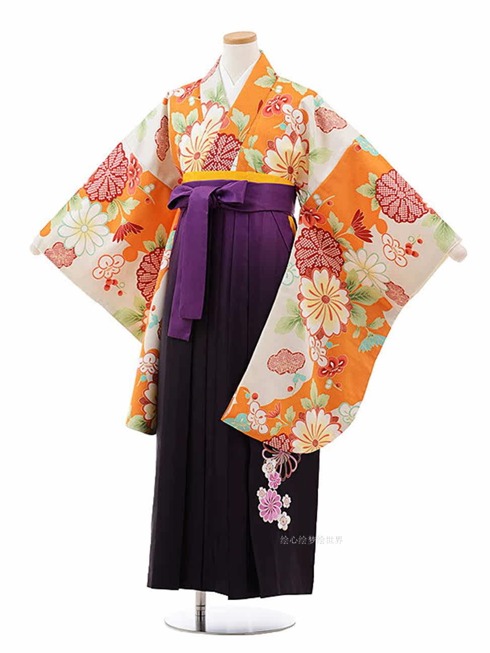 繪夢館 可洗和服二尺袖着物單品 草色or橘x雪輪菊 卒業式