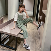  Hong Kong style girls  new pants spring and Autumn fashion brand middle and large childrens sports loose bib pants childrens net red bull pants