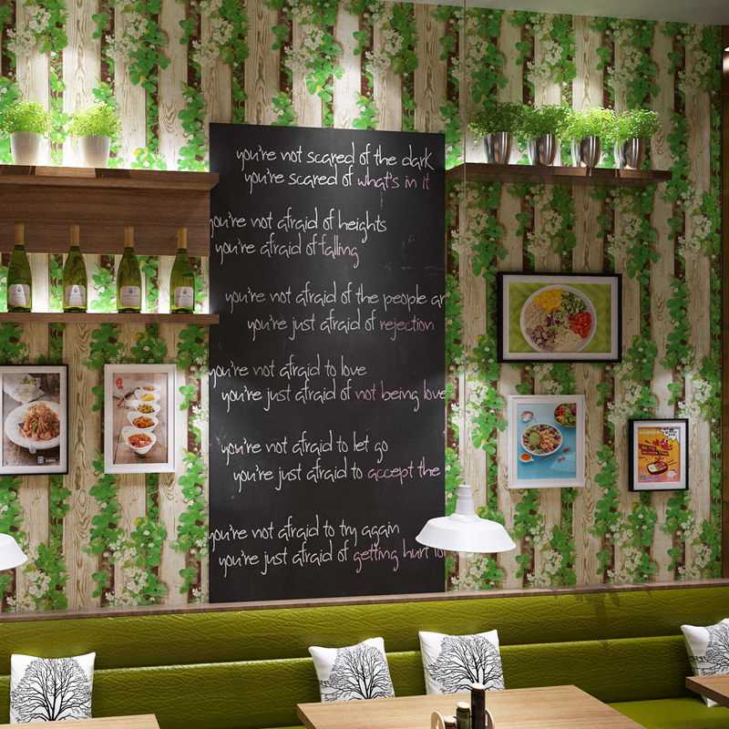 Korean style green wallpaper imitation leaf wood plate grain classical wallpaper nostalgic hotel clothing store background wall stereo
