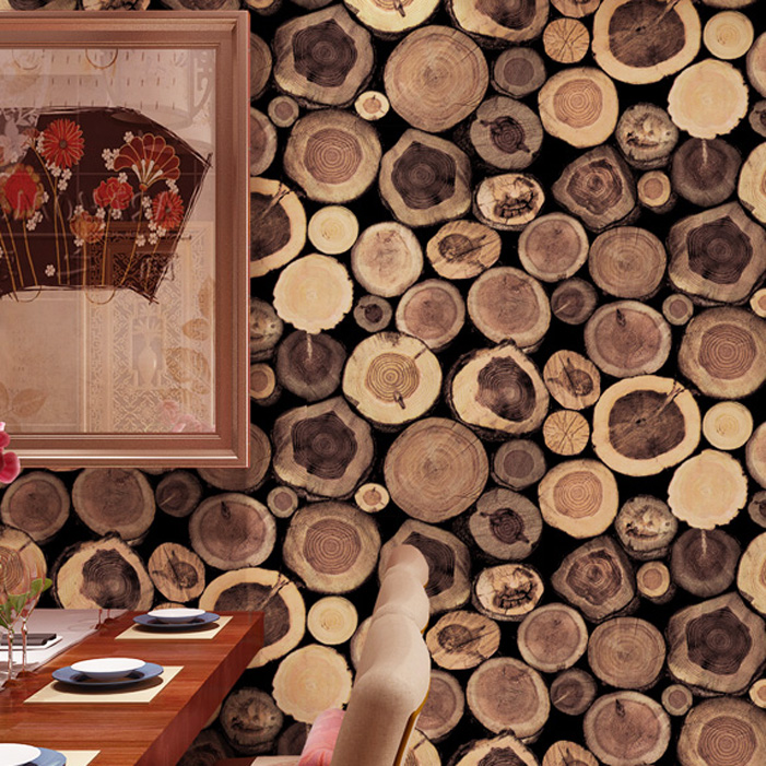 Neoclassical Chinese wallpaper imitation wood grain wood stump wood stump wallpaper entrance teahouse cafe background wall thickening