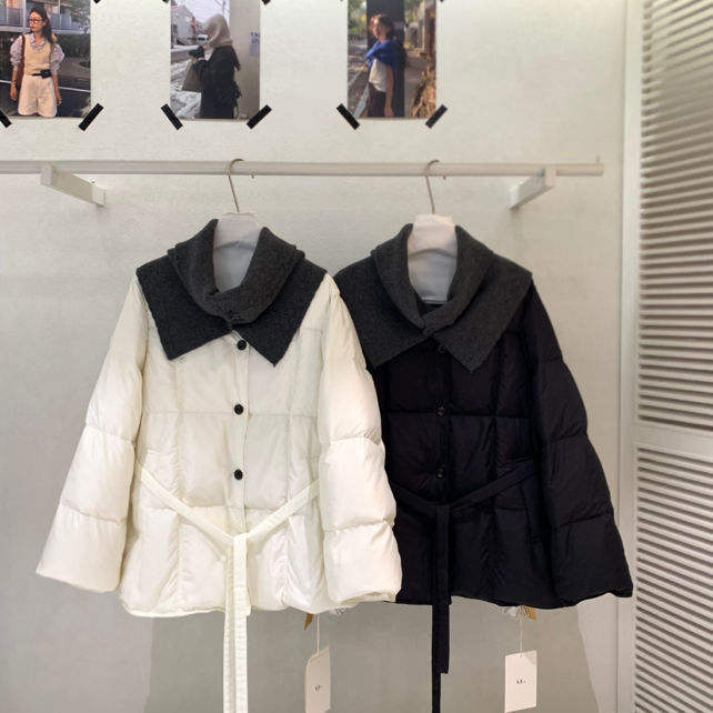Kk Large Size Patchwork down Jacket with Tie Waist, White Coat down Jacket