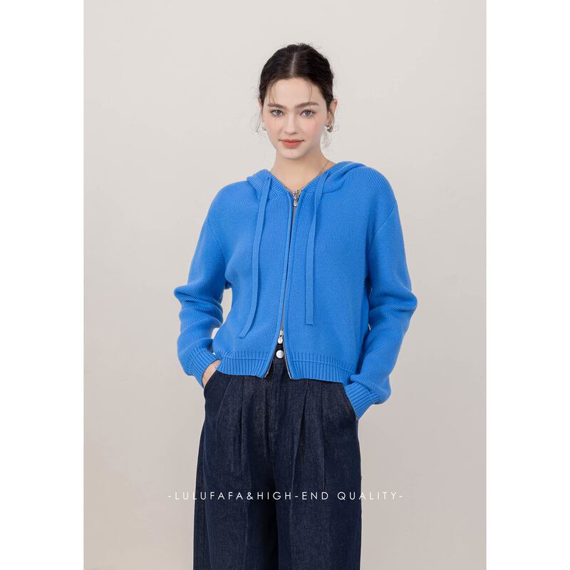 Lulufafa Blue Double-Opening Hooded Sweater