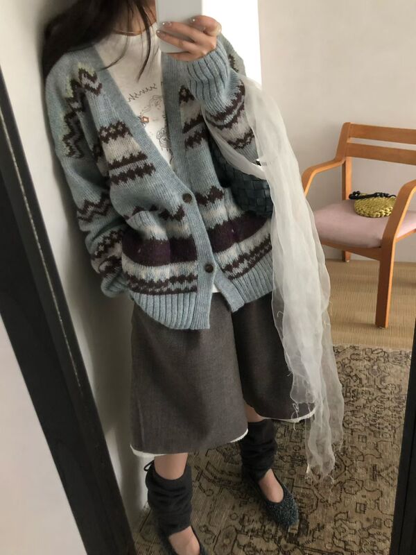 Feel Blessed Korea Dongdaemun Fair Isle Christmas Snowflake Sweater Cardigan Warm Sweater Coat