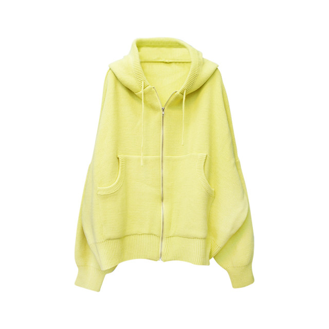 Spot Korea 2022 autumn and winter women's yellow-green zipper hooded oversize loose cardigan knitted jacket