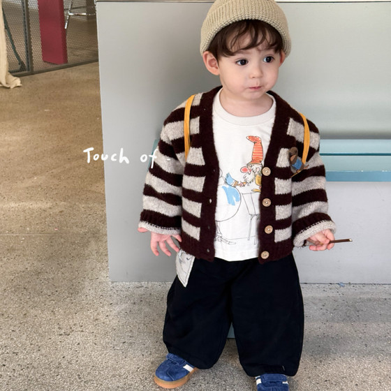 
Fanma Children's Clothing 25 Autumn New Boys Korean Style Striped Sweater Knitted Cardigan White T-shirt Casual T-shirt