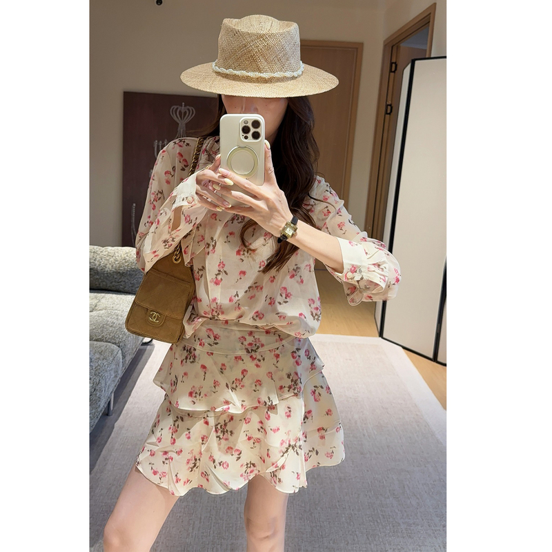 Chicago【Late Cherry Blossom Loren】2026 Autumn French Floral Long Sleeve Ruffle Shirt and Skirt Set