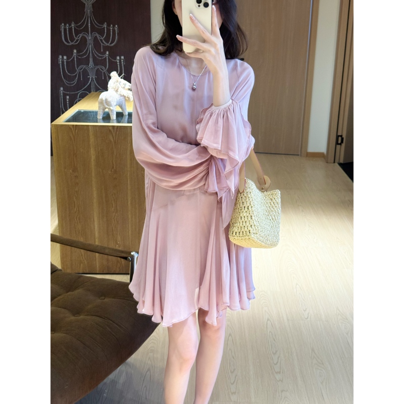 【Flower Blossom】100% Rayon French Retro Lantern Sleeve Ruffle Pleated Dress