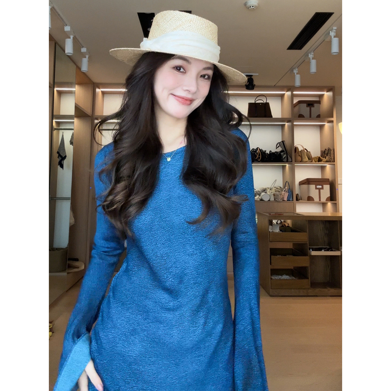 Zhizhi Chicago【Midnight Galaxy】100% Rayon French-Style Elegant Lake Blue Slimming Long-Sleeve Dress