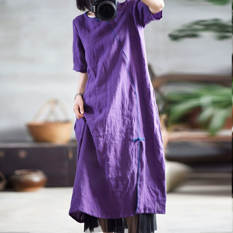 Một từ cotton và vải lanh quần áo phụ nữ mới mùa xuân và mùa hè Phong cách Trung Quốc nhẹ và mỏng văn học thư giãn cổ điển váy vải lanh dài xẻ tà - Sản phẩm HOT