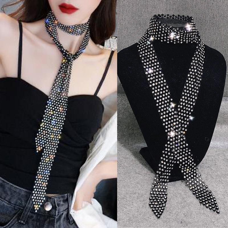 Neck Dance Necklace with Crystal Rhinestones for Women, Shiny Rhinestone-Encrusted Fashion Decorative Tie, Rhinestone Sailor-Style Long Chain