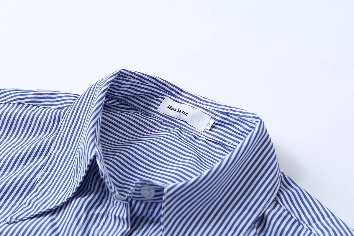 VK旗艦店 韓國風條紋綁帶腰帶百搭襯衫裙長袖洋裝