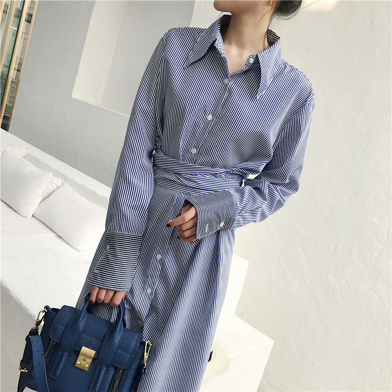 VK旗艦店 韓國風條紋綁帶腰帶百搭襯衫裙長袖洋裝