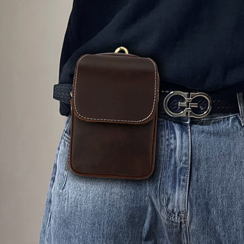 Factory crazy horse leather retro men's belt bag waist hanging trendy mobile phone bag outdoor sports small bag genuine leather