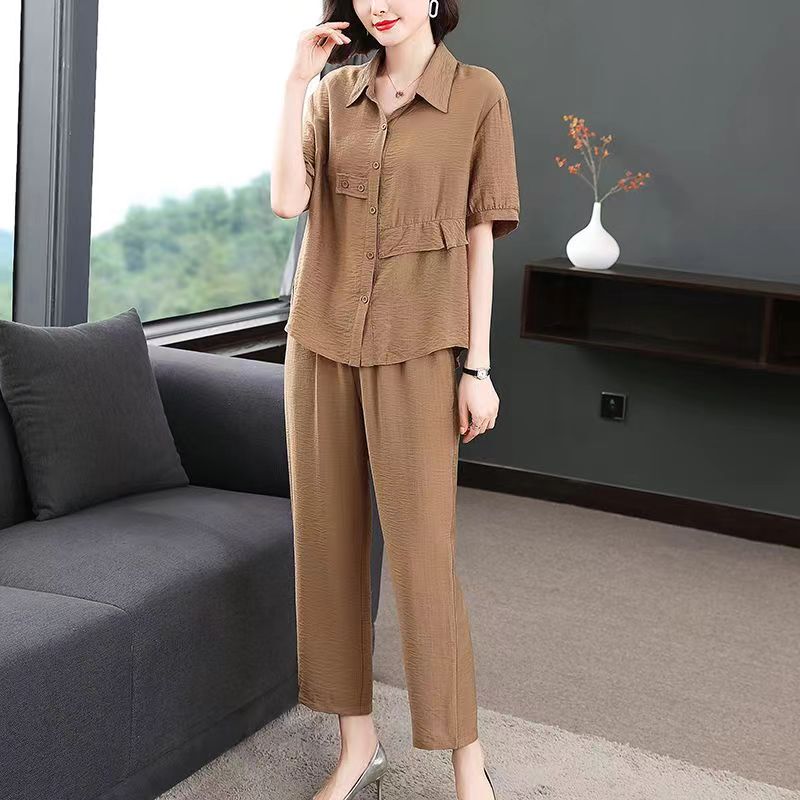 Maxmurny Accessible Luxury Fashion Summer New Polo Collar Cotton and Linen Suit Short-Sleeved Large Size Loose Two-Piece Set for Women