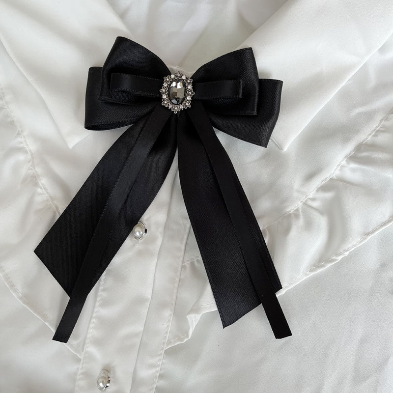 Versatile Korean style black matte cotton ribbon rhinestone bow tie preppy style pearl double-layer bow shirt collar flower pin