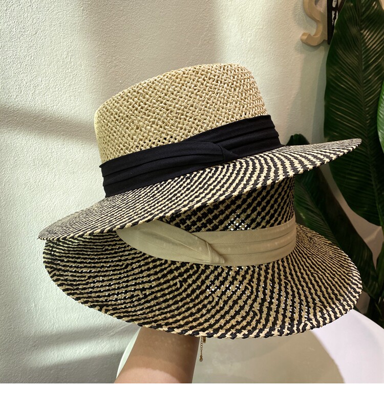 700g Weight Straw Hat Hats Type Casual, Holiday, Outdoor Occasion Women's Retro French Style Color Block Straps Wide Eaves Straw Hat
