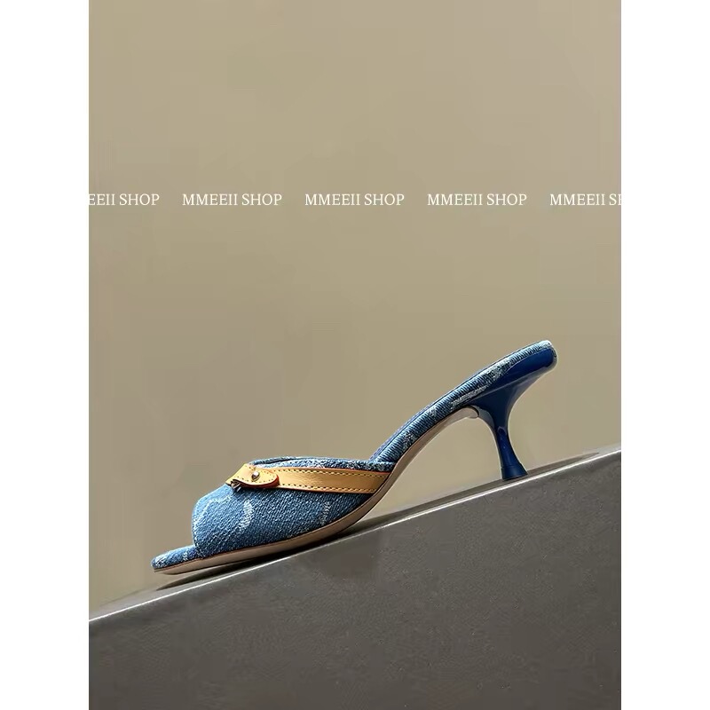 Fiechazo Retro Hottie!!! Denim Slippers, Stiletto Fish Mouth Slippers, High-Heeled Color-Blocked Slippers, Square Toe