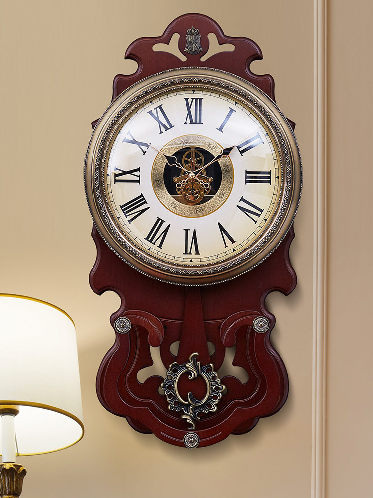 European solid wood swing living room mute wall clock American retro luxury creative hanging watch Quartz clock gear clock watch