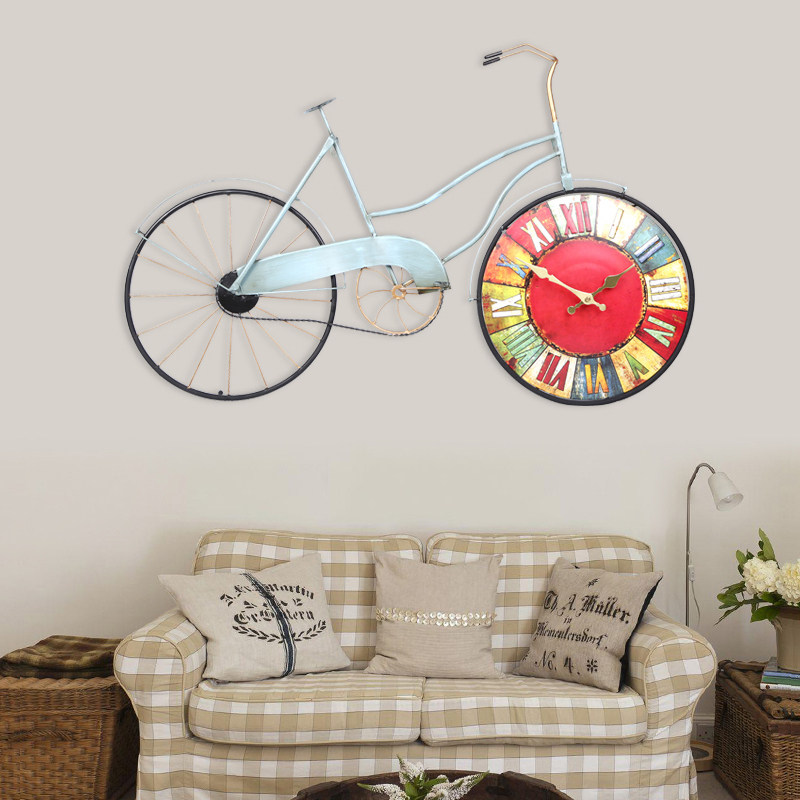 Eurostyle Bedroom Retro Iron Art Silent Hanging Bell Bike Clock Table Creative Antique American Living Room Craft Watch