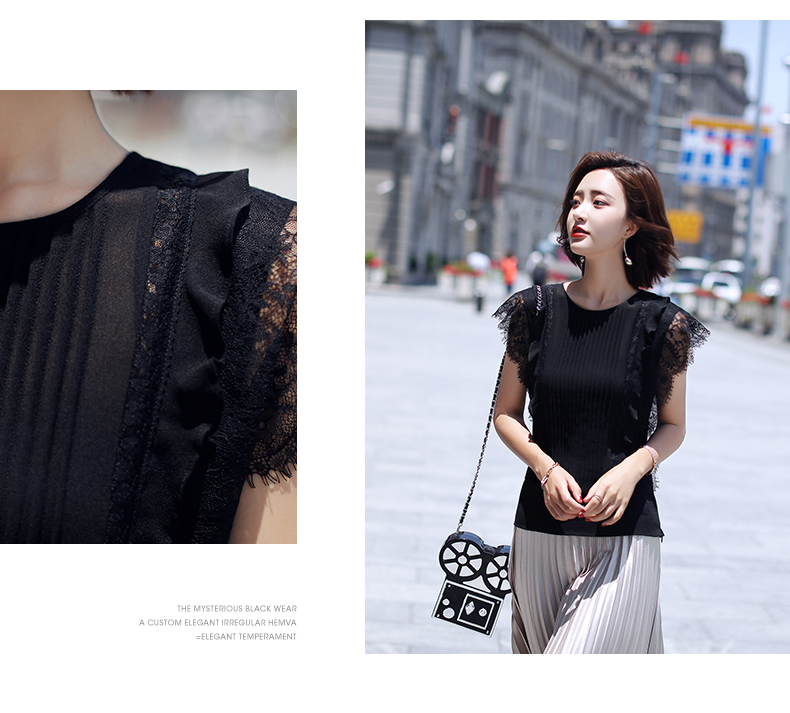 Không tay ngắn màu đen chiffon ren áo sơ mi nữ mùa hè 2018 mới bao gồm bụng sang trọng rò rỉ xương đòn rỗng áo sơ mi áo sơ mi kaki