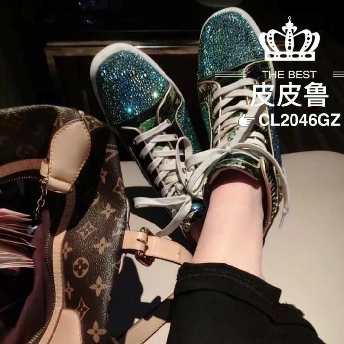 Cl Men's High-Top Studded Shoes, Genuine Snakeskin, Green Diamond Full-Studded Casual Shoes, High-Top Red-Soled Shoes, Couple Style Women's Shoes