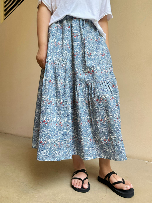 Imported Liberty Tana Cotton Classic Strawberry Thief Blue Floral Irregular Patchwork Pleated Large Hem Skirt