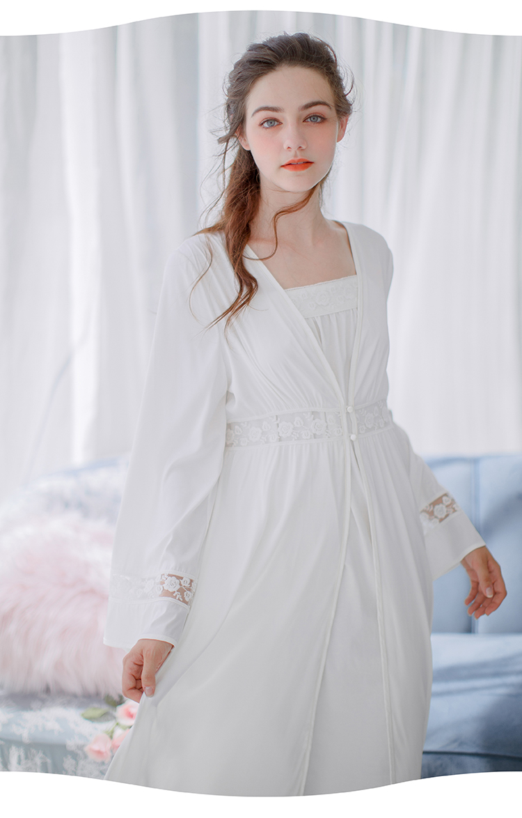 2017 mùa thu mới Pháp retro công chúa nightdress ren thêu sling cổ tích váy hai mảnh dài robe bộ pijama
