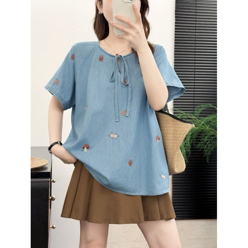 2026 Summer Clothing Japanese-Style Cartoon Embroidered Mushroom Washed Denim Lace-Up Women's Pullover Short-Sleeve Shirt