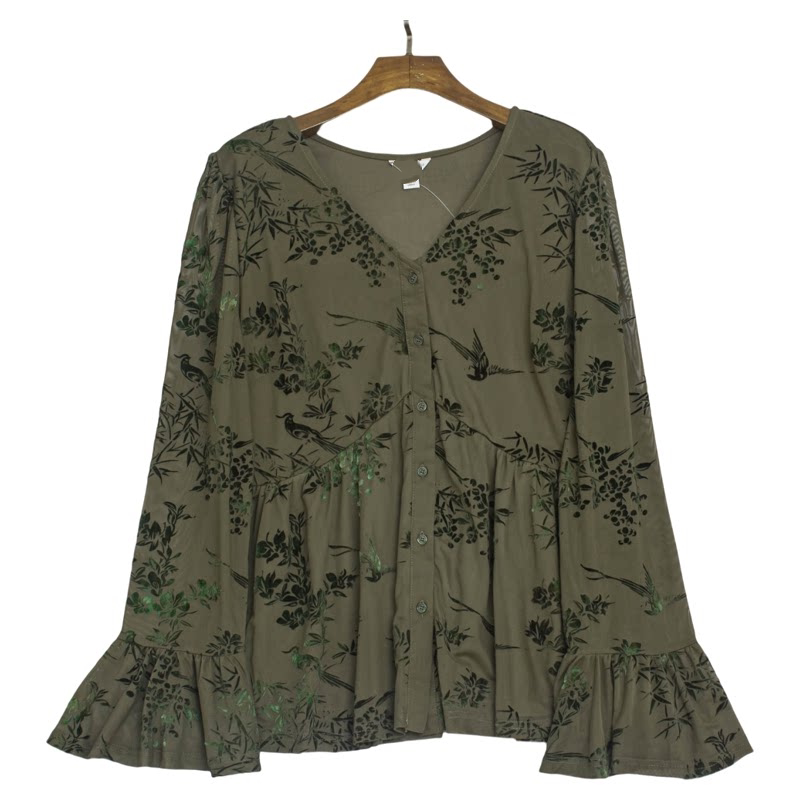 Foreign Trade Order: Army Green V-Neck Floral and Bird Print Velvet Shirt for Women, Ruffle Sleeves, Plus Size, Slimming, New Chinese Style Top