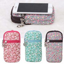 Hanging Neck Cell Phone Bag Triple Zipped Cotton Fabric Wrist Zero Wallet Woman Sending Hanging Rope Casual Walk Multifunction Mobile Phone Bag