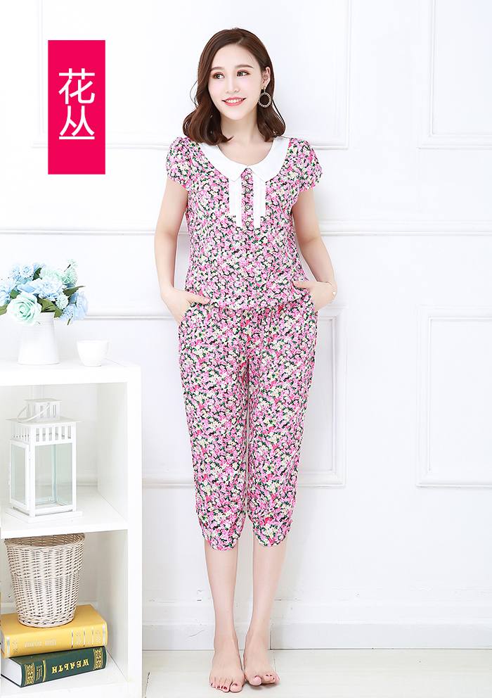 Mùa hè cotton lụa đồ ngủ của phụ nữ ngắn tay 7 điểm quần cotton cotton lụa bộ nhân tạo cotton dịch vụ nhà có thể được đeo đồ bộ mùa hè
