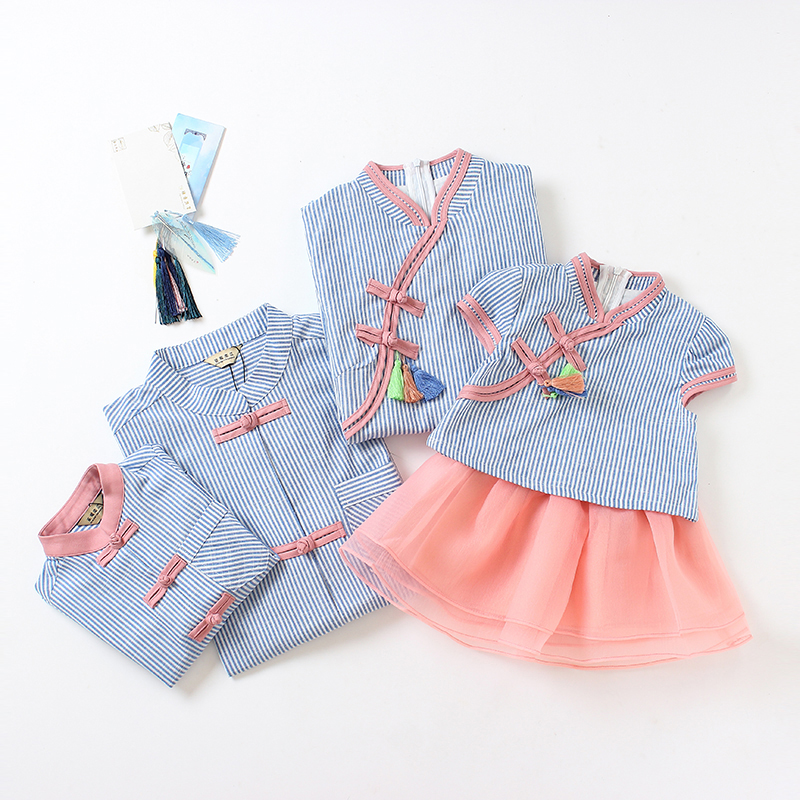 Chinese style temperament short-sleeved self-cultivation mother-daughter cheongsam dress Tang suit father-son mother-son father-daughter parent-child dress summer new style