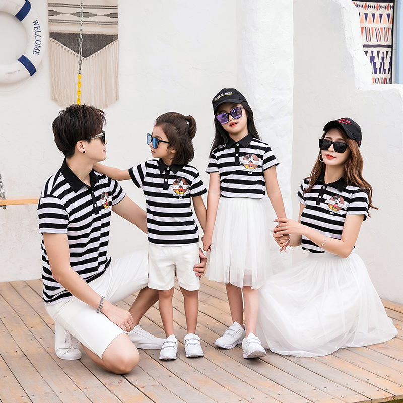 Western style casual polo collar striped family of three summer short-sleeved mother-daughter mother-daughter father-daughter father-daughter family parent-child outfit