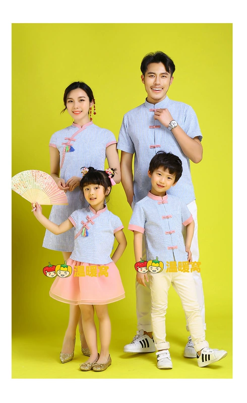 Phong cách Trung Quốc ngắn tay thon gọn mẹ và con gái sườn xám đầm phù hợp với cha và con trai mẹ và con trai cha và con gái gia đình tải mùa hè mới đồ cặp gia đình
