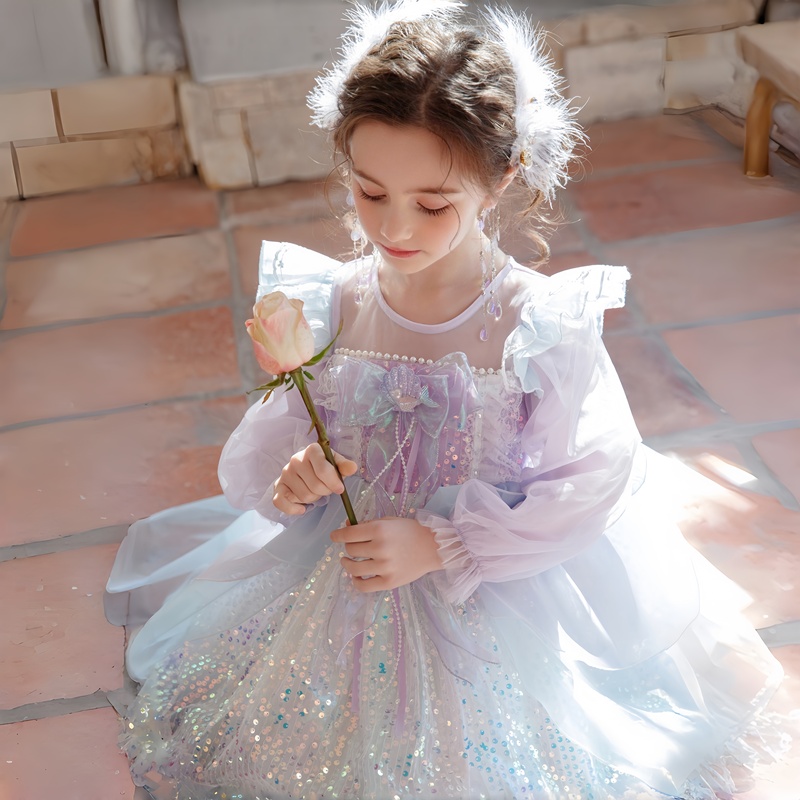 Girls' Mermaid Dress 2026 Spring New Style Girl's Beautiful Princess Dress Sequined Mesh Birthday Dress